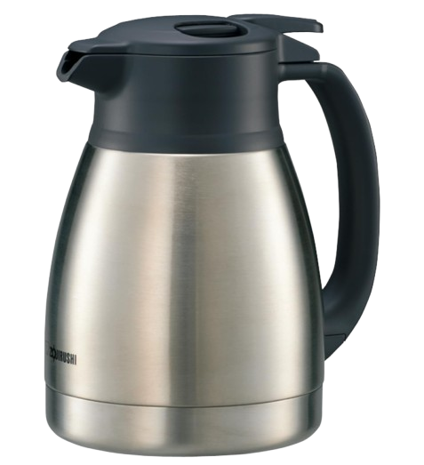 Brushed stainless steel insulated thermal carafe with black handle and lid, designed to keep coffee, tea, or cold beverages at the ideal temperature for hours.