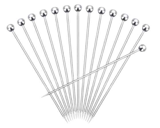 Set of reusable stainless steel cocktail picks with polished ball-top handles, perfect for garnishing martinis, cocktails, olives, cherries, and appetizers.