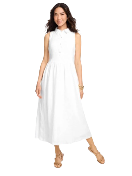 White linen shirtdress for women over 50 styled as an easy summer wardrobe staple.