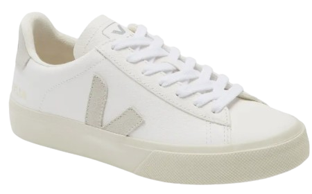 White leather Veja Campo sneaker with beige suede logo accents, lace-up closure, and a clean low-top design that pairs easily with casual outfits.