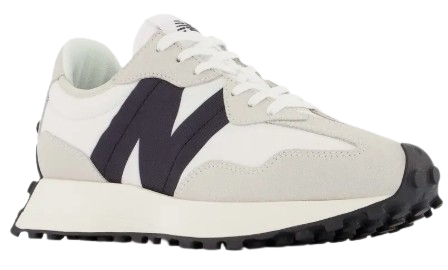 White and cream retro-inspired New Balance 327 sneaker with navy logo detail, suede overlays, and a cushioned platform sole designed for everyday comfort and casual style.