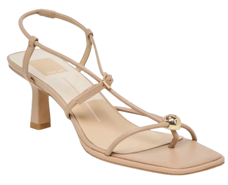 Nude strappy heeled sandal with a square toe, adjustable ankle strap, and gold-tone accent detail, offering a sleek and minimalist silhouette.