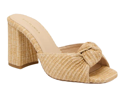Natural woven raffia mule heels with a knotted toe detail, open square toe, and textured block heel for a polished warm-weather look.