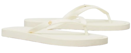 Cream-colored thong sandal with slim straps and a signature Tory Burch logo accent, designed for effortless beach, pool, and vacation wear.