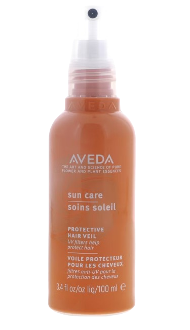 Orange spray bottle of Aveda Sun Care Protective Hair Veil, a UV-protective hair mist formulated to shield hair from sun exposure and help prevent dryness and color fading.