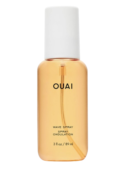 Clear amber bottle of OUAI Wave Spray, a texturizing spray that enhances natural waves and adds beachy texture for effortless summer hairstyles.