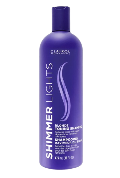 Purple bottle of Shimmer Lights Blonde Toning Shampoo, a color-correcting shampoo with violet pigments that helps neutralize brassiness in blonde, silver, and highlighted hair.