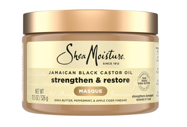 Large jar of SheaMoisture Jamaican Black Castor Oil Strengthen & Restore Treatment Masque, a deep-conditioning hair mask formulated with shea butter, peppermint, and apple cider vinegar to nourish and strengthen damaged hair.