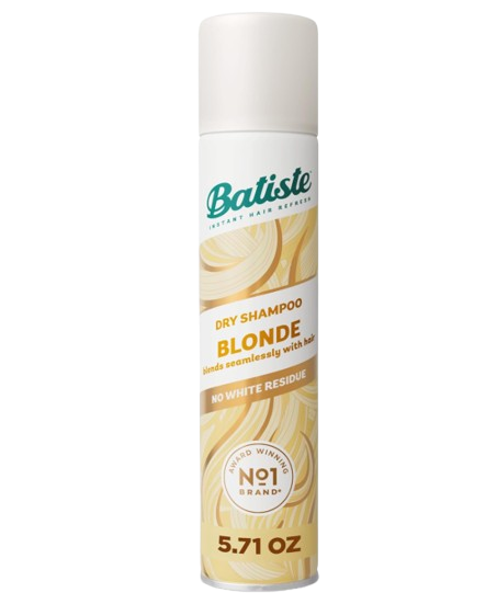 White and gold aerosol can of Batiste Dry Shampoo Blonde, a tinted dry shampoo that refreshes hair between washes while blending seamlessly into blonde hair tones.
