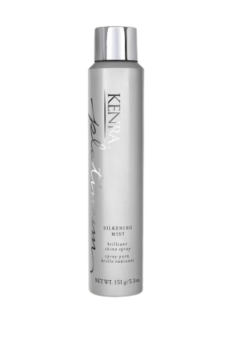 Silver aerosol can of Kenra Platinum Silkening Mist, a lightweight finishing spray designed to smooth frizz, add shine, and leave hair with a silky, polished finish.