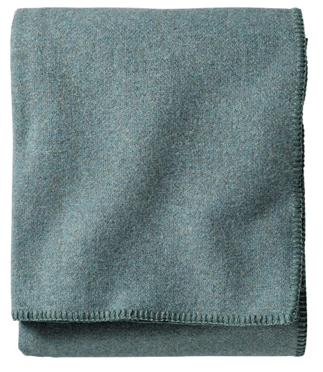 Folded Pendleton wool blanket in a heathered blue-green color with stitched edges, offering warmth and comfort for picnics, camping trips, or cool evenings outdoors.