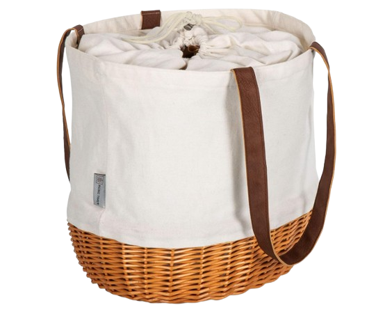Canvas picnic tote with a woven wicker base, leather shoulder straps, and a drawstring closure, combining classic picnic style with practical storage for outdoor gatherings.