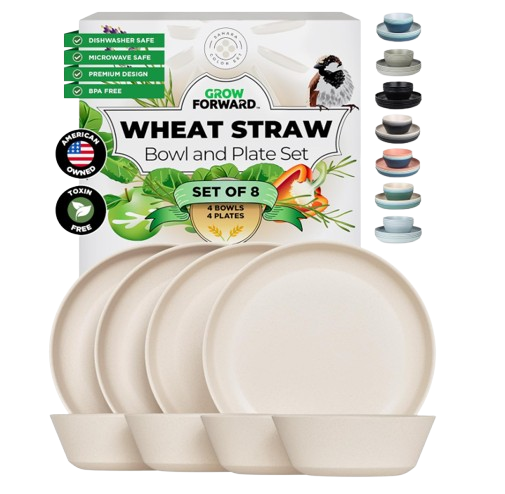 Eight-piece wheat straw dinnerware set with four lightweight plates and four matching bowls, designed for reusable outdoor dining, picnics, and family meals.