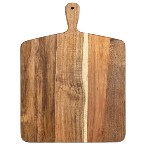 Square acacia wood serving board with a built-in handle and natural wood grain variations, ideal for serving cheeses, charcuterie, appetizers, or desserts outdoors.