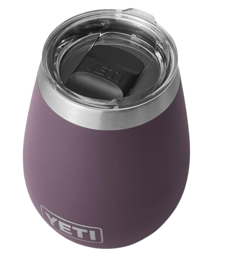 Insulated YETI Rambler wine tumbler in a deep plum finish with a clear lid, designed to keep wine, cocktails, or cold beverages at the ideal temperature.