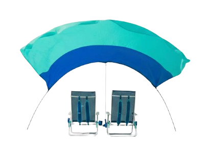 Shibumi Shade turquoise and navy arc beach shade canopy set up over two beach chairs on white background