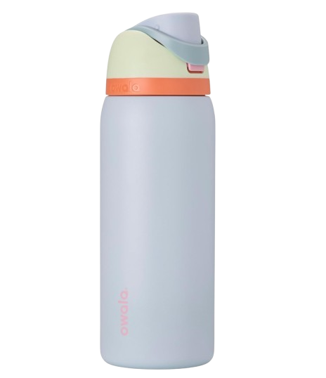 Owala FreeSip powder blue stainless steel insulated water bottle with coral and mint flip-top lid