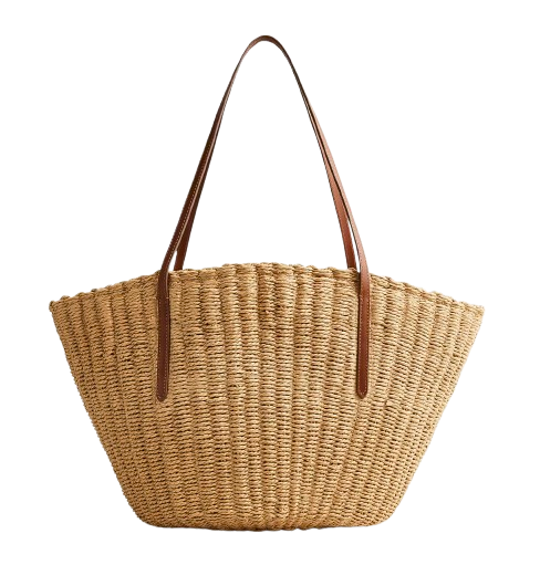 Natural woven straw tote bag with a structured silhouette, wide shoulder straps, and a spacious open design for carrying everyday essentials.
