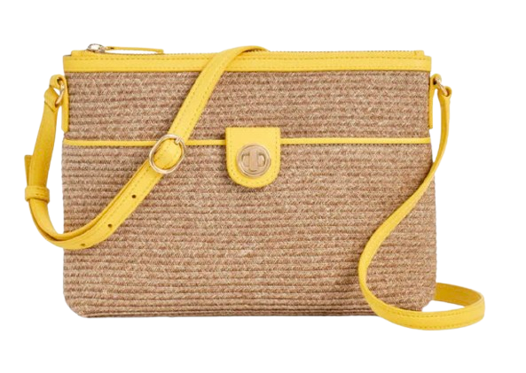 Straw crossbody bag featuring a woven body, bright yellow leather trim, adjustable strap, and a zip-top design with gold-tone hardware.