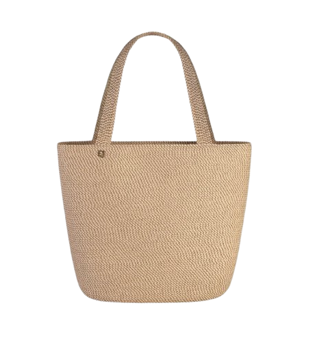 Lightweight woven tote bag in a natural straw tone with softly rounded sides, long shoulder straps, and a roomy silhouette for everyday wear or travel.