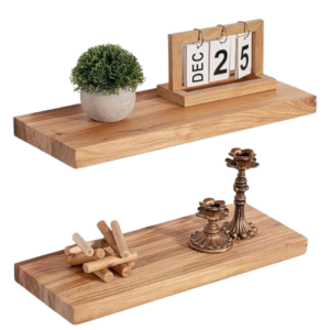 Solid Elm Wood Floating Shelves, Set of 2