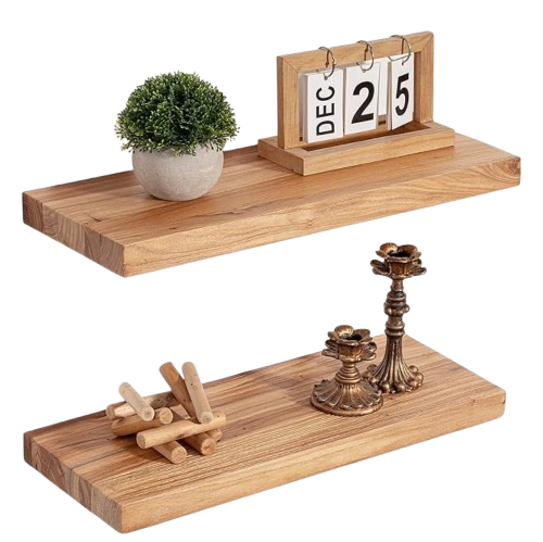Solid Elm Wood Floating Shelves, Set of 2