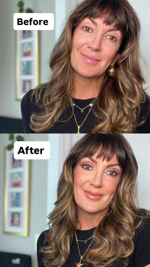 Before and after drugstore makeup on mature skin over 50