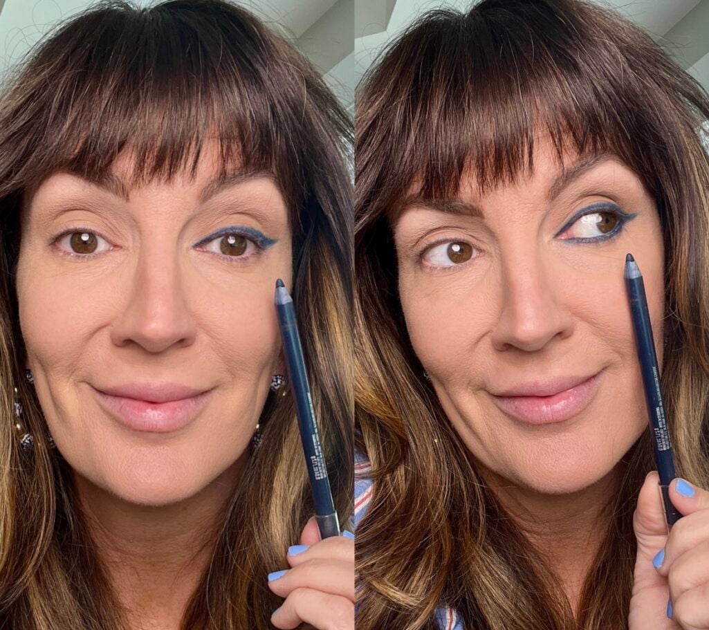 Side-by-side of navy eyeliner applied on the upper lash line and lower waterline