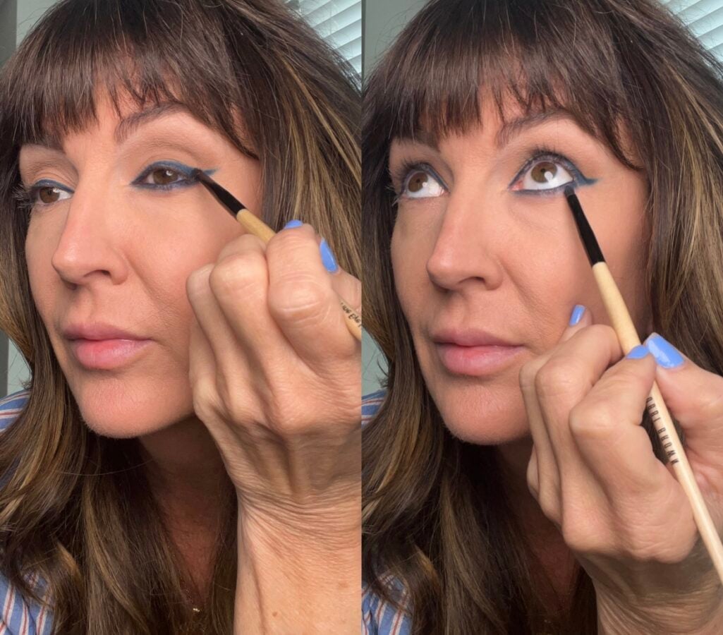 Side-by-side of smudging navy eyeliner with an eyeliner brush