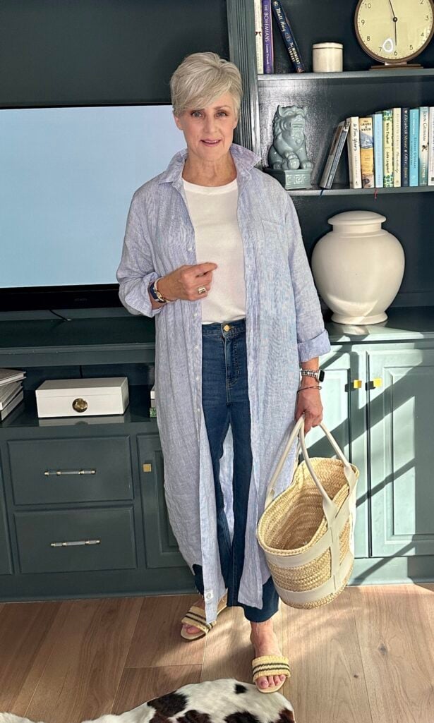 Frank & Eileen striped linen shirtdress belted at the waist with a cognac leather wrap belt and woven wedge slides