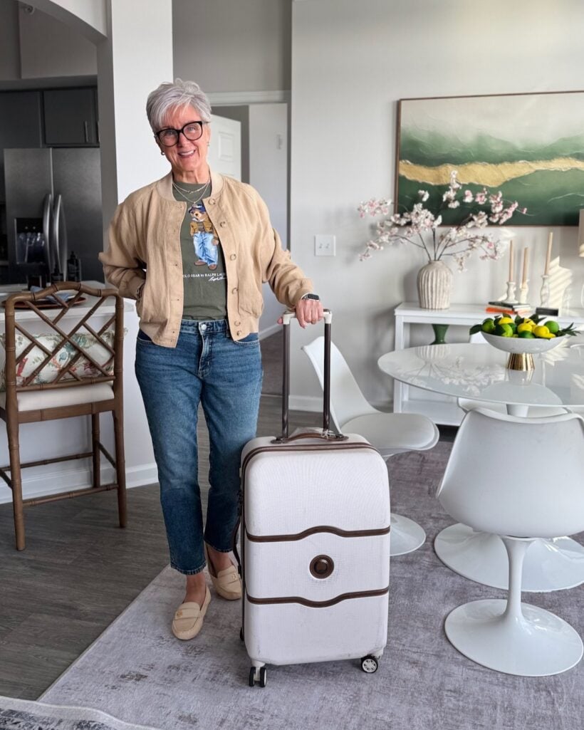 Travel Day: Comfortable travel-day outfit for a woman over 50 with the Nomad Lane Bento backpack