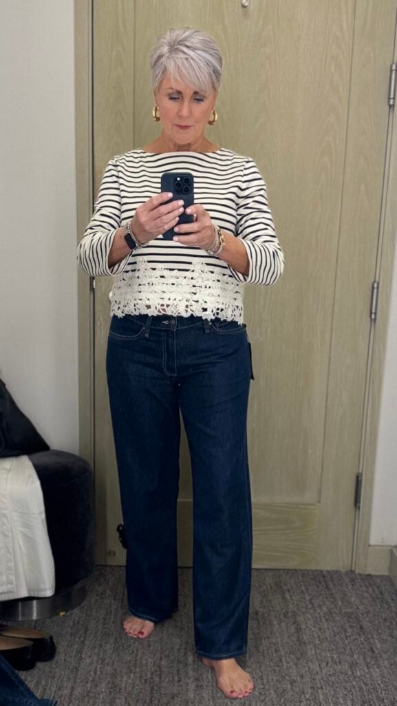 Rag & Bone Low-Rise Relaxed Straight: Rag & Bone low-rise relaxed straight jeans styled on a woman over 50