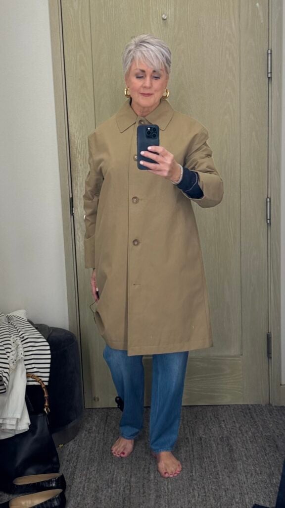 Fall jackets for women over 50 — longline trench coat and suede jacket