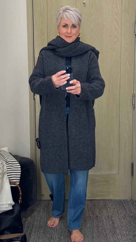 How fall jackets should fit women over 50 — checking the shoulder seam