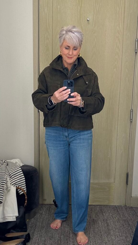 AllSaints Suede Jacket: AllSaints tan suede jacket on a woman over 50