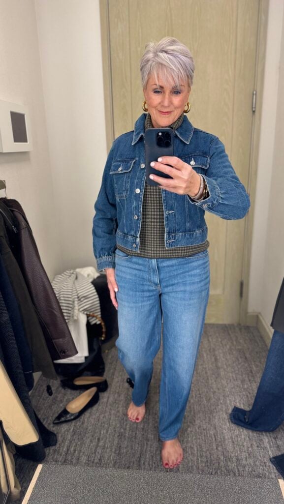 Paige Jean Jacket: Woman over 50 wearing a Paige denim jacket over a fall outfit