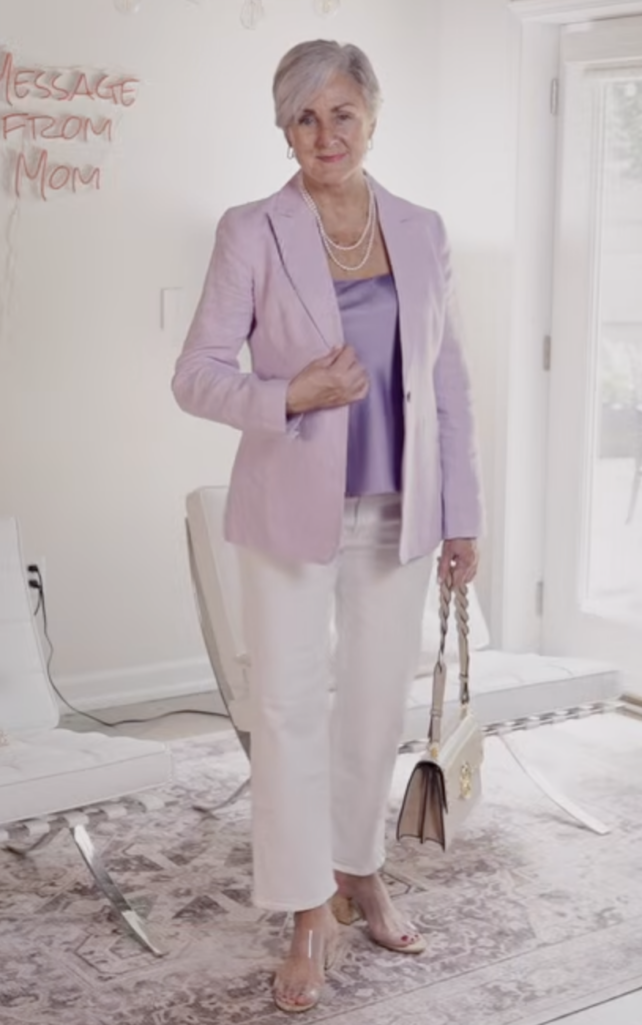 Lilac linen blazer with lilac camisole and white denim, a tonal summer look