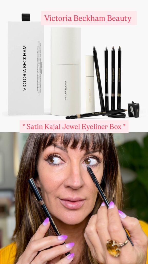 Victoria Beckham Satin Kajal Jewel eyeliner set collage, a Nordstrom Anniversary Sale beauty exclusive