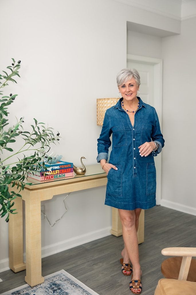 Denim dress styled for early fall