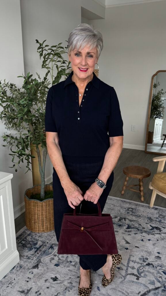 Beth wearing an Ann Mashburn outfit with leopard flats and suede handbag