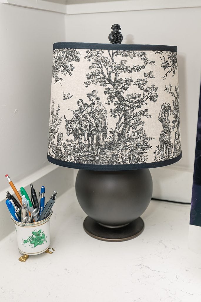 Black toile lampshade, 
