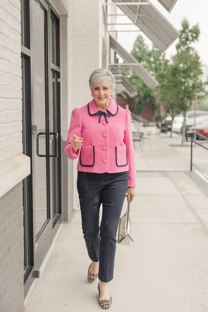 pink blazer and cropped pants