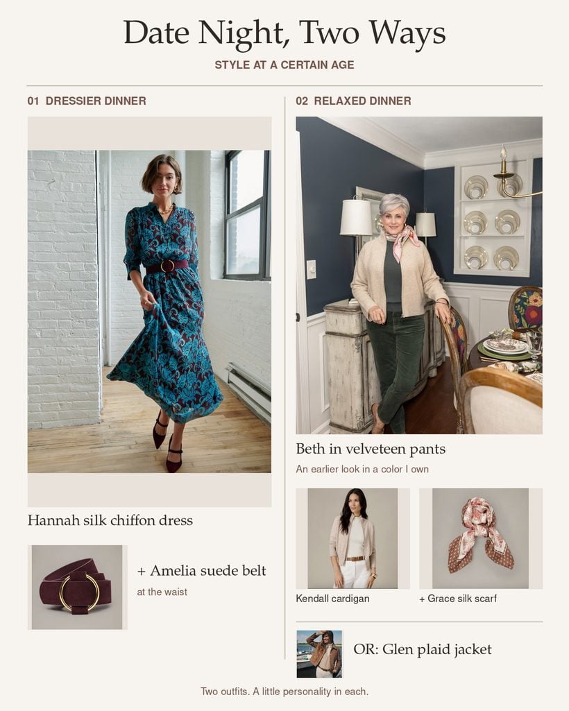  Date Night, Two Ways collage with a teal and burgundy silk chiffon dress, burgundy suede belt and silk scarf for dinner out, and a glen plaid jacket or cream cashmere cardigan to pair with velveteen pants for a casual evening