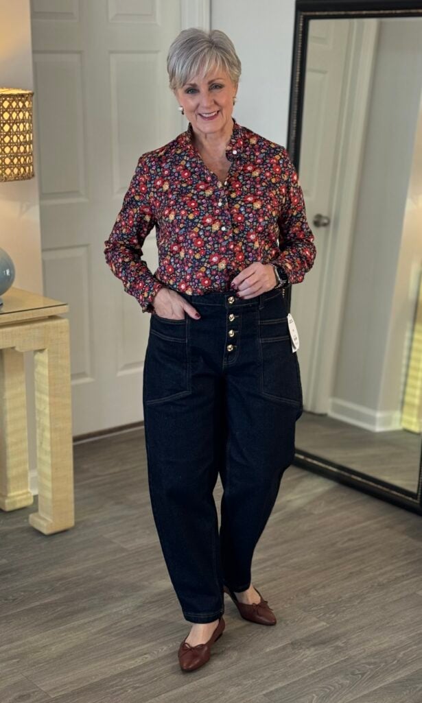 Button-front barrel jeans dressed up with a Liberty-print blouse and ballet flats.