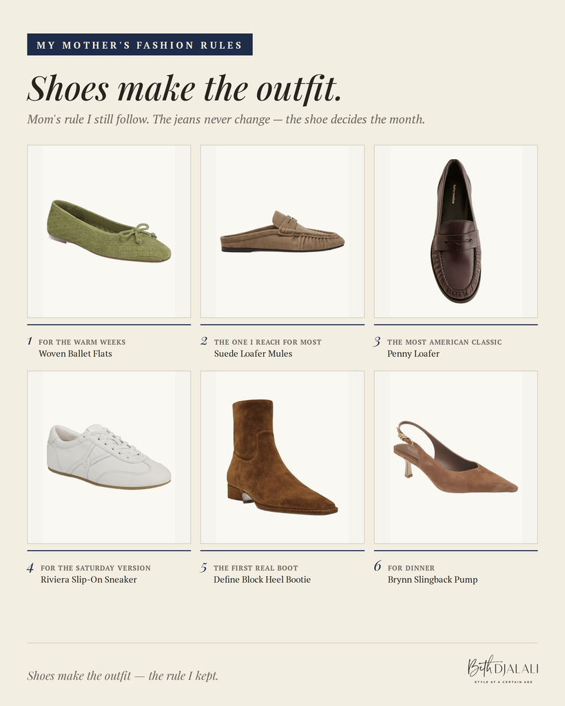 Fall shoes to wear with white jeans, including ballet flats, suede mules, penny loafers, sneakers, booties, and slingback pumps