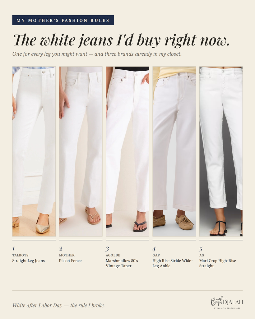 Five white jeans for fall from Talbots, Mother, AGOLDE, Gap, and AG in straight, flare, tapered, and wide-leg styles