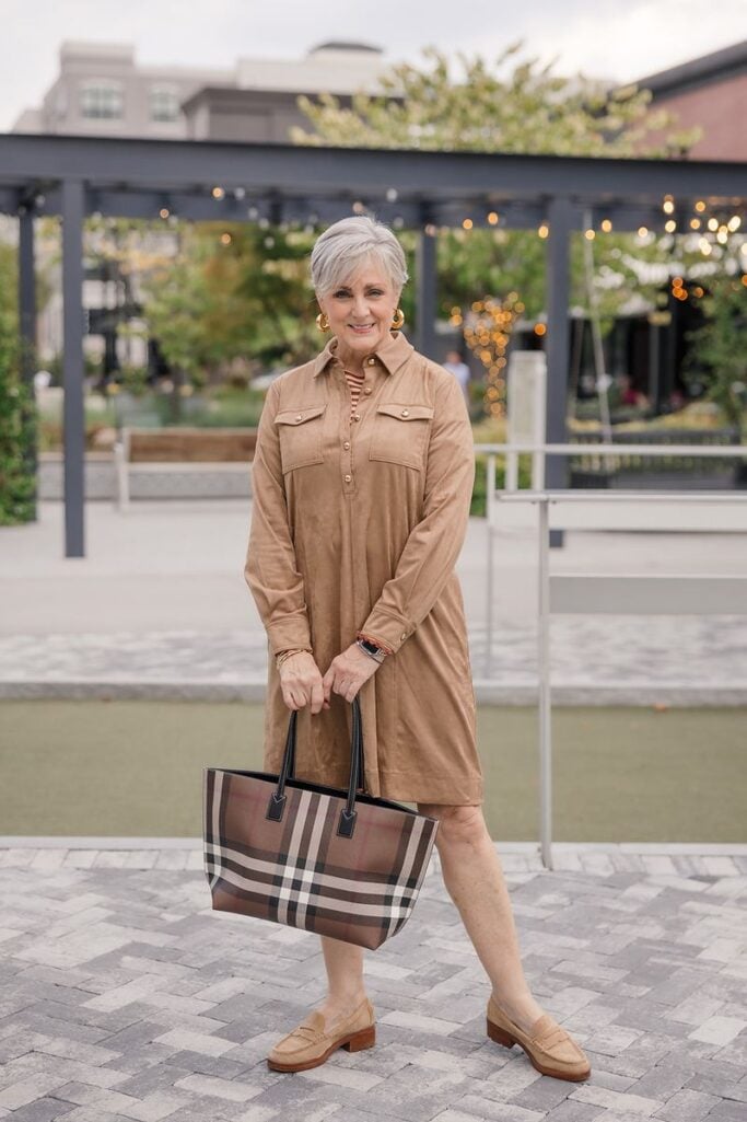 Suede shirtdress and Burberry tote