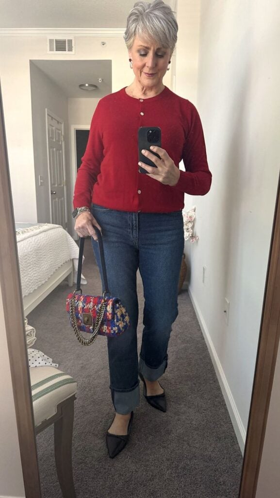 cashmere cardigan and cuffed jeans