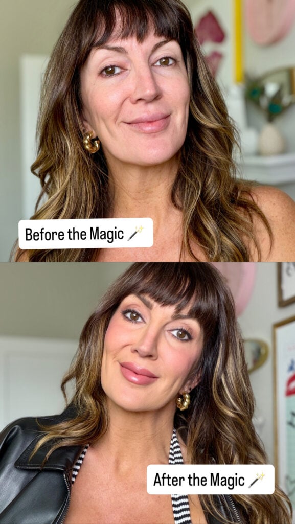 Before and after of makeup artist Jennifer Duvall recreating the Practical Magic makeup looks for women over 50 — bare face on top, finished glowy skin, neutral eye, and pink lip below