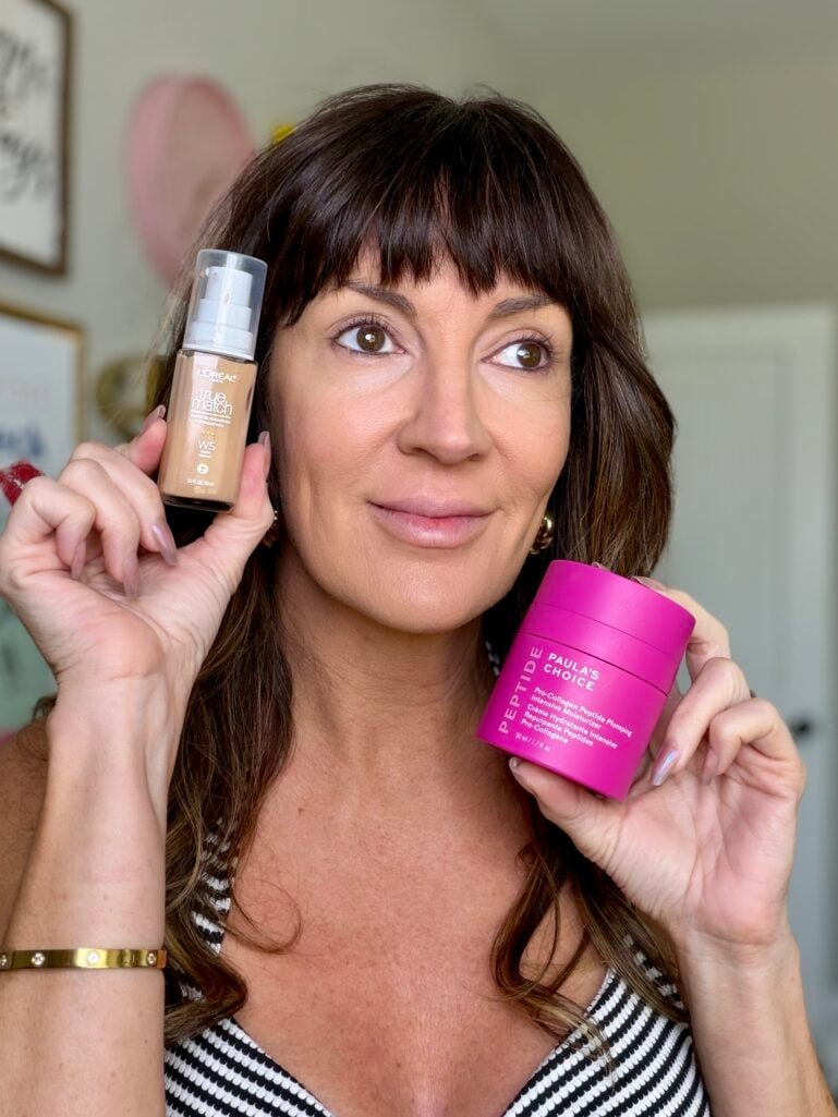 Jennifer Duvall holding L'Oreal True Match foundation in shade W5 and Paula's Choice Pro-Collagen Peptide Intensive Moisturizer